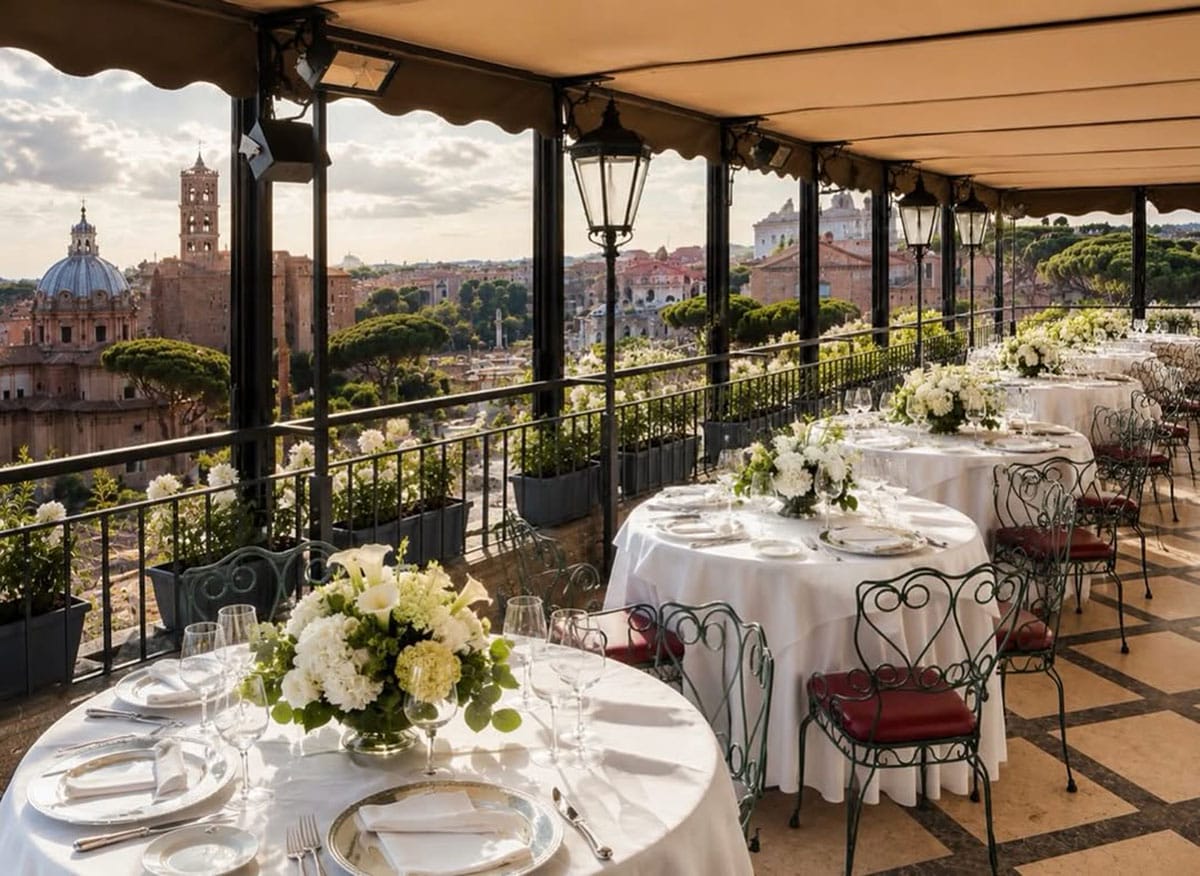 white-covered round tables with chairs on a covered terrace surrounded by flower boxes.