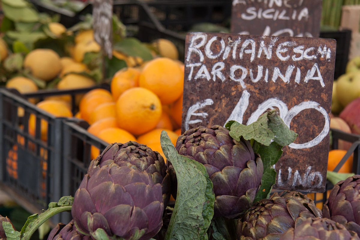 purple artichokes for sale at a Roman market.