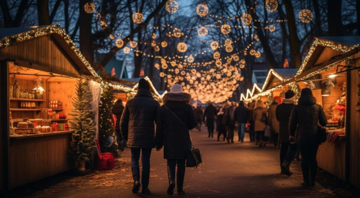 couple walking through a Christmas market at dusk.