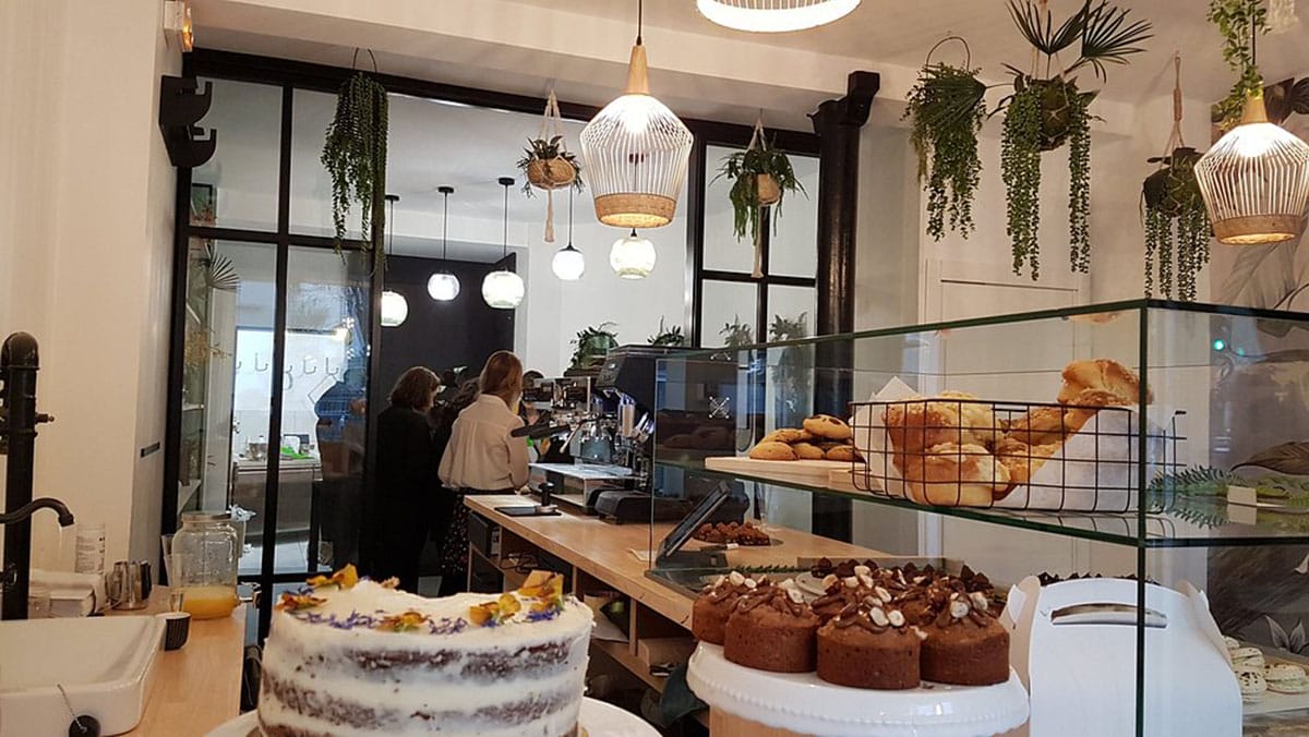 glass cases of cakes and croissants in a modern white coffee shop with plants hanging from the ceiling.