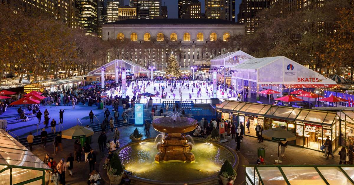 skating rink and fountain at Christmastime in NYC.
