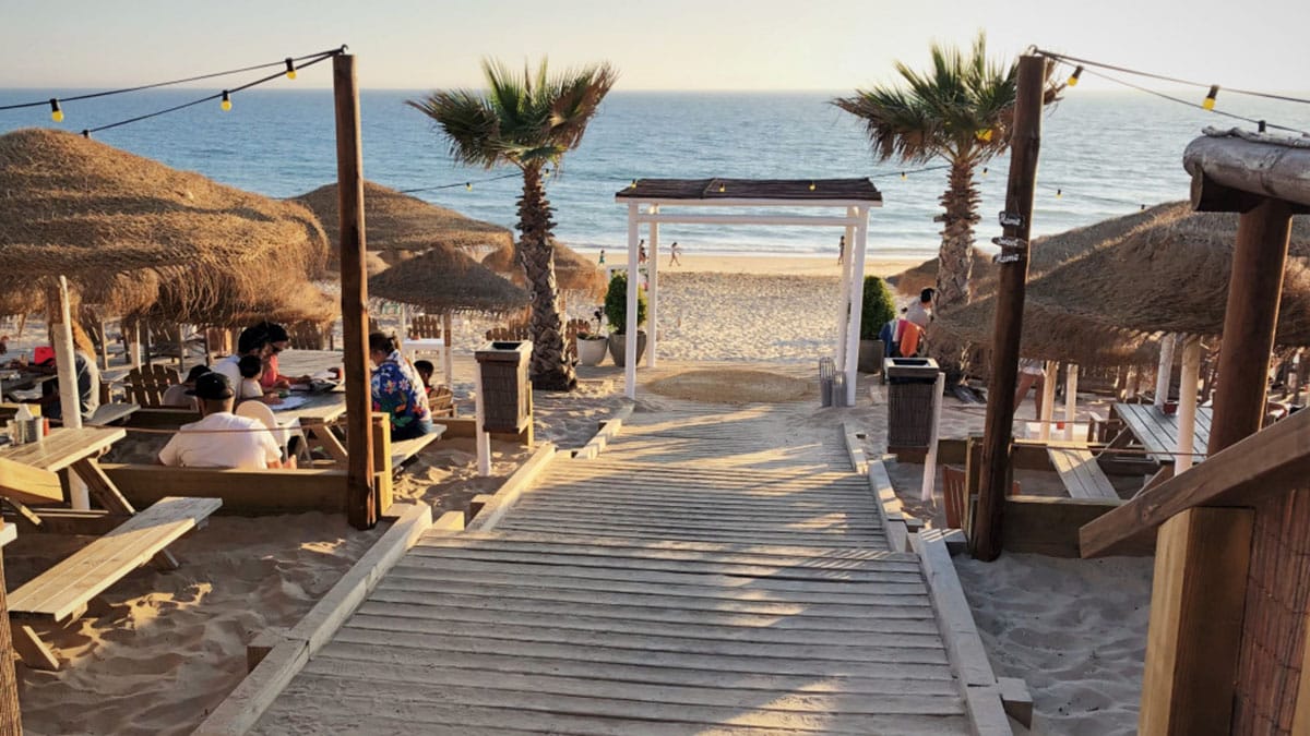boardwalk with steps leading to the beach with picnic tables on either side.