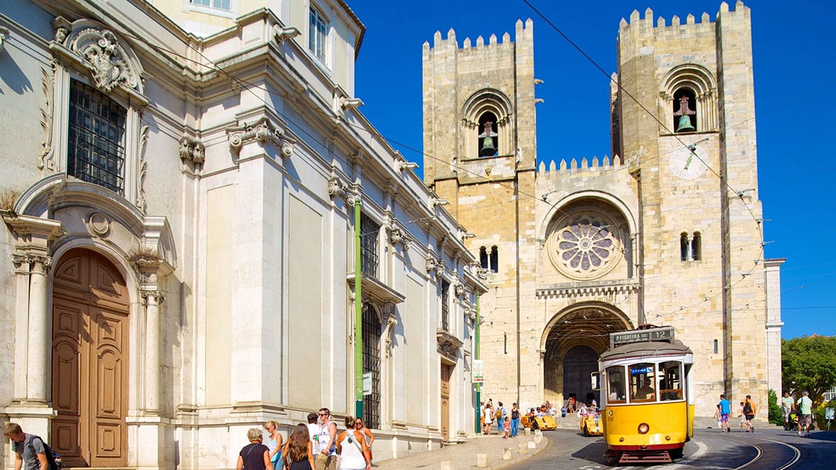 two bell towers in Lisbon's medieval stone cathedral.