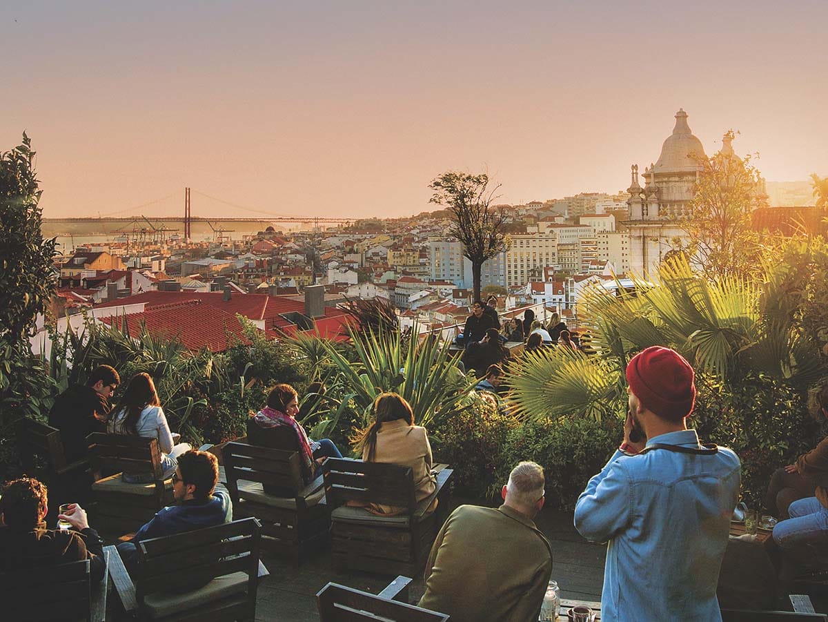 people sitting on padded outdoor chairs on a rooftop with palm trees and bushes.