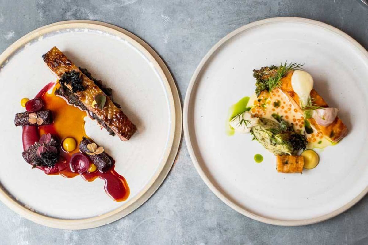 two white plates of elegantly plated fish with sauces and garnishes.