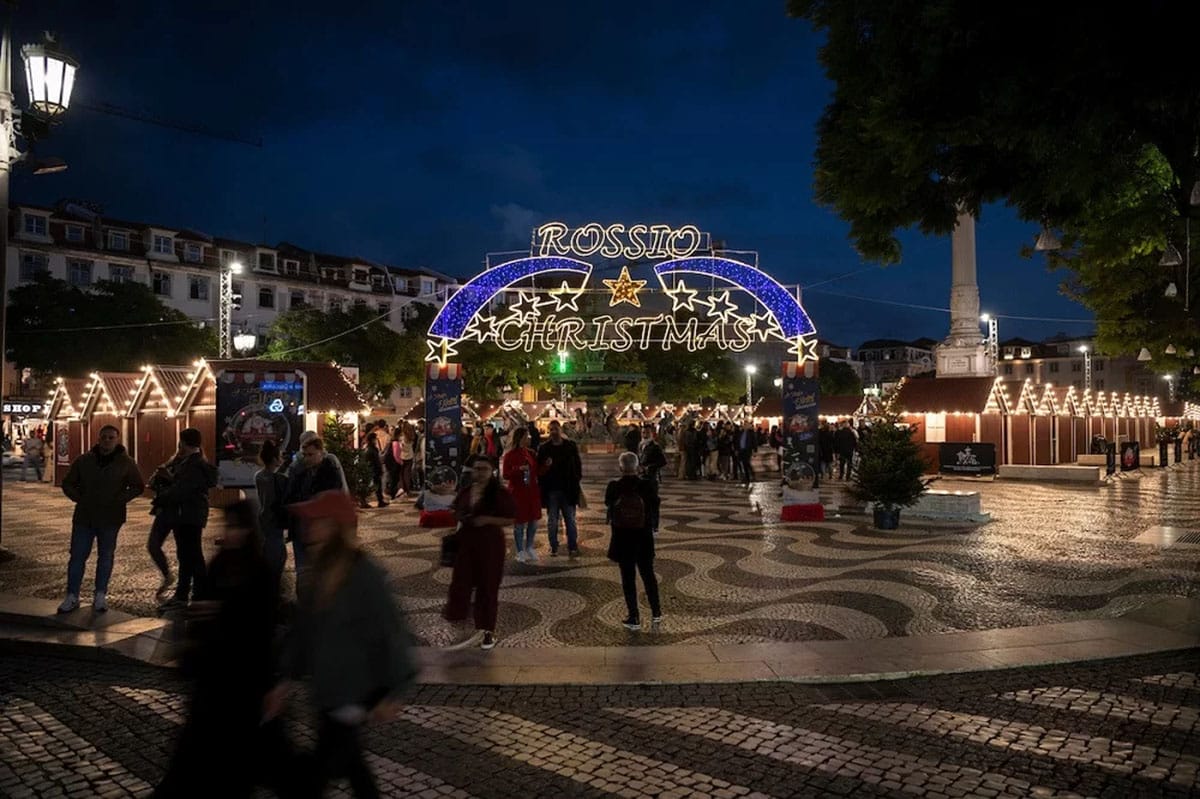 illuminated entrance to Rossio Christmas market.