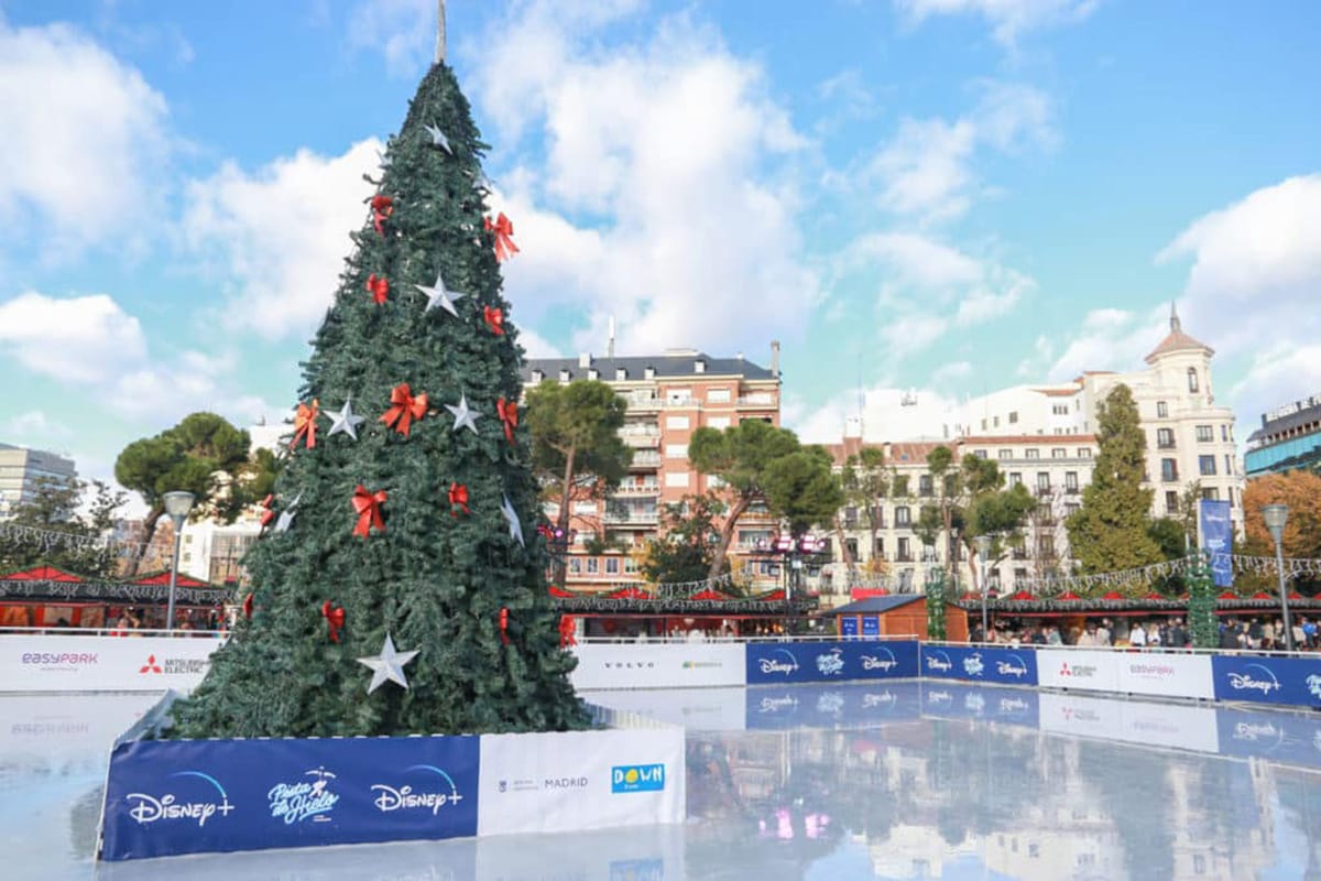 ice rink surrounded with vendor booths and with a large Christmas tree.