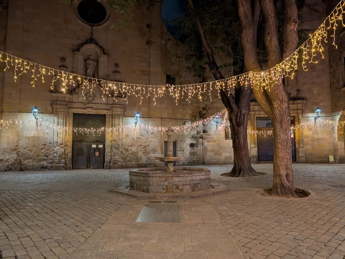 yellow icicle lights hanging from big trees and a stone church in a plaza.