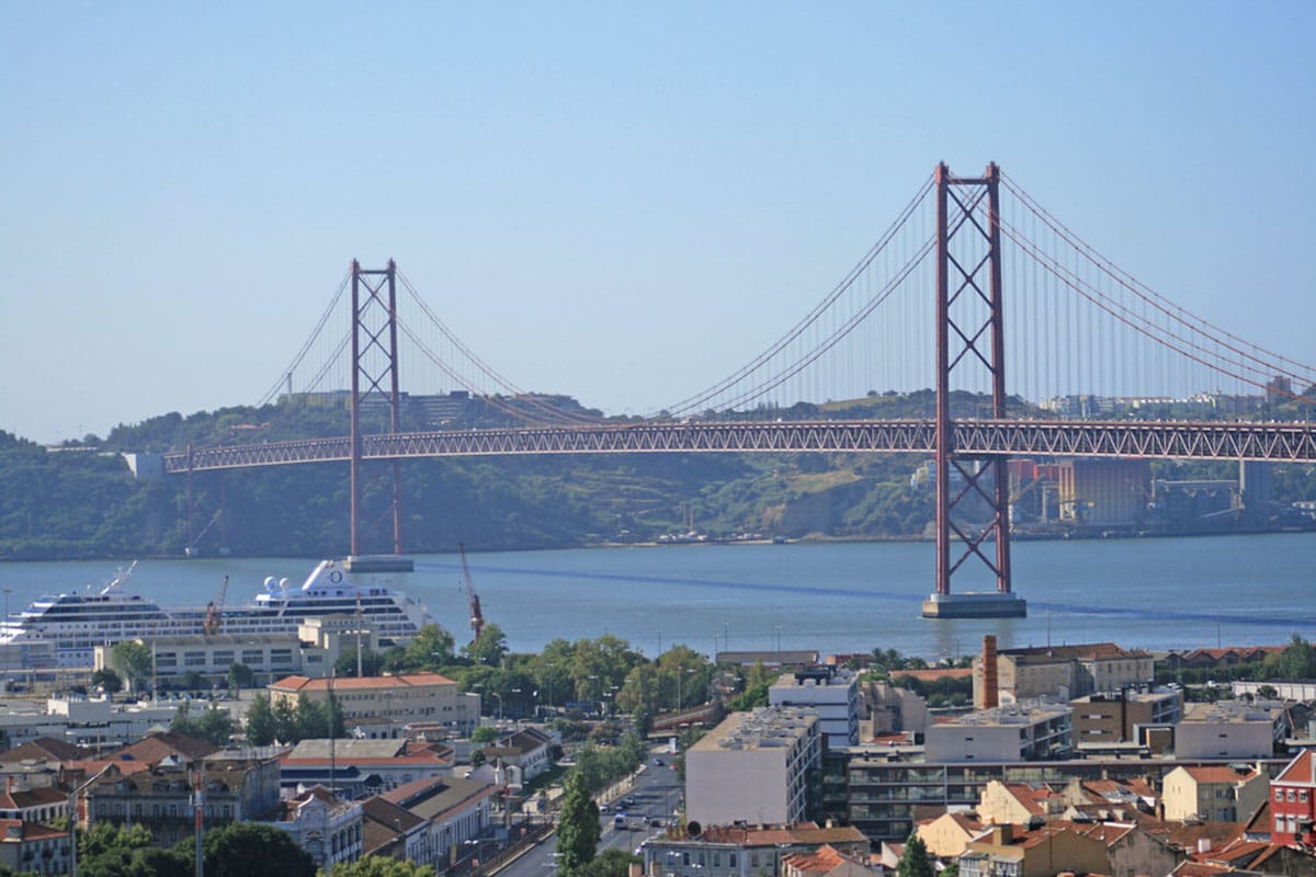 large suspension bridge over a river connecting two sides of Lisbon.