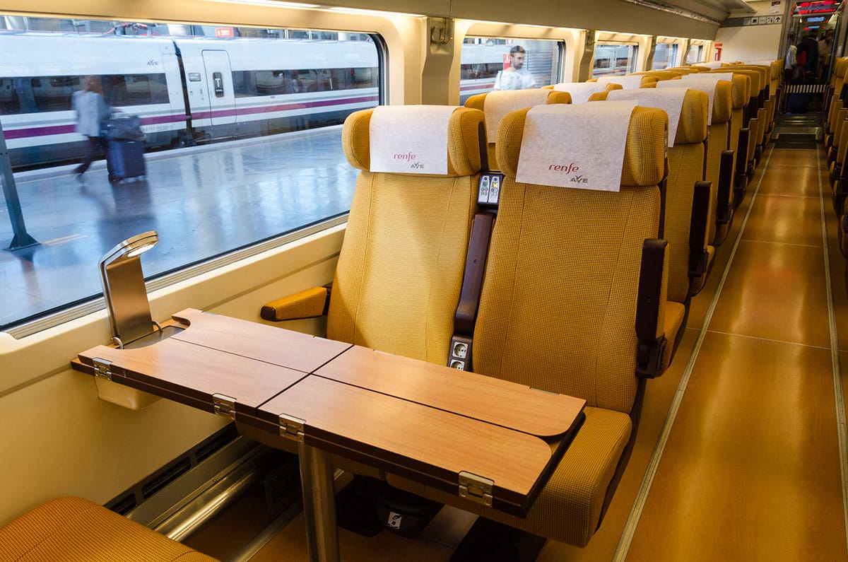 upholstered seats on a Renfe train in Madrid.