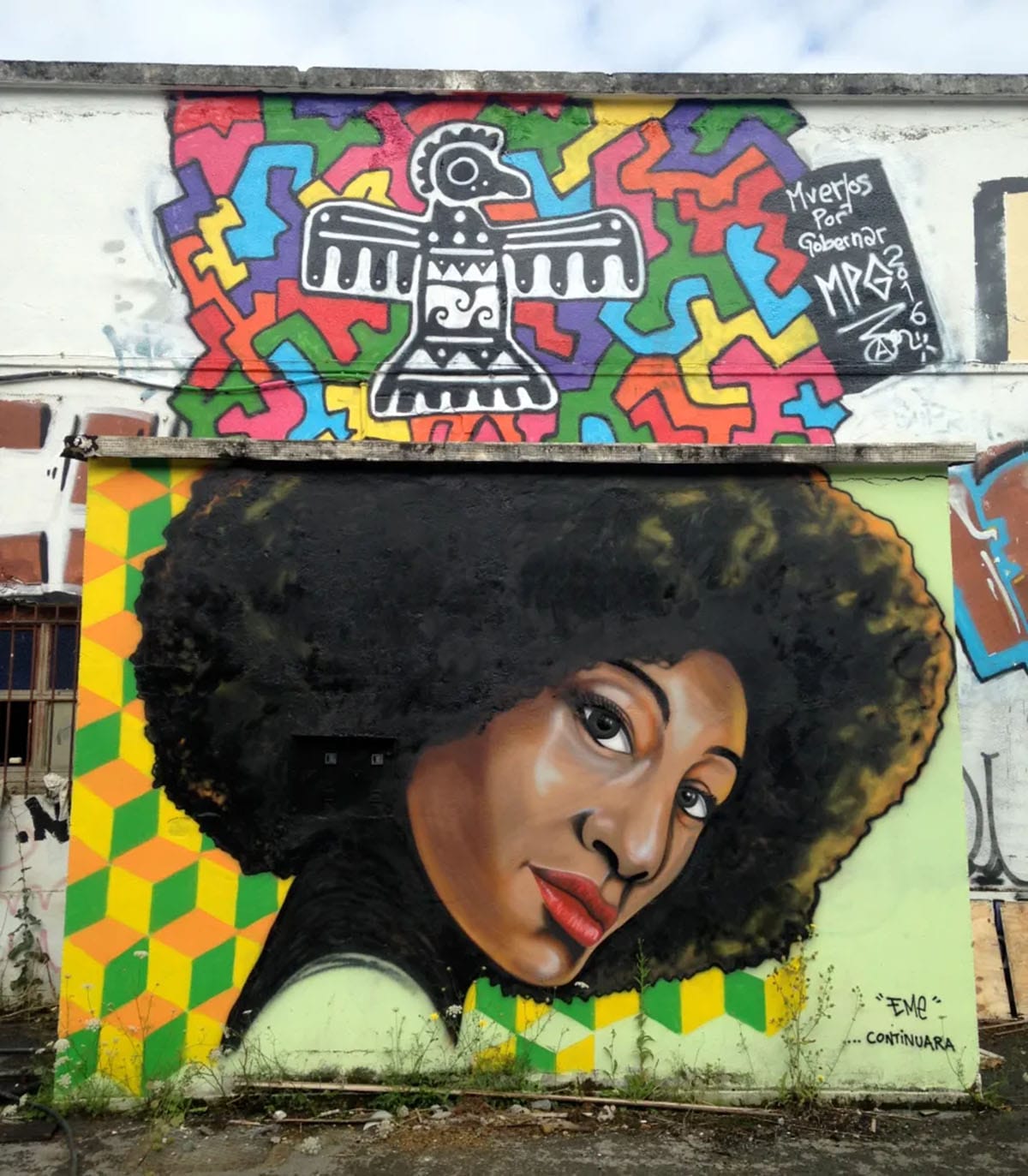 stylized eagle on a colorful background with a large portrait of an African woman.