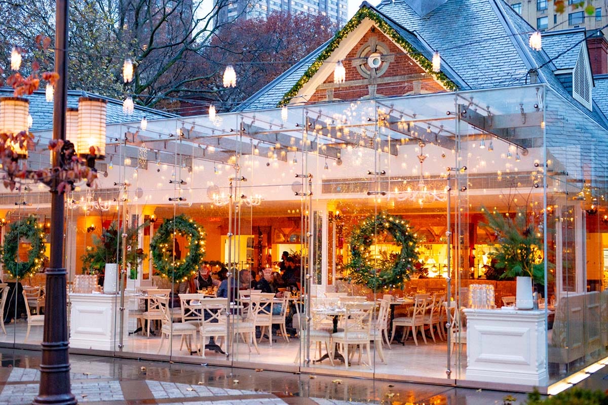 restaurant at Christmas with large glass windows.
