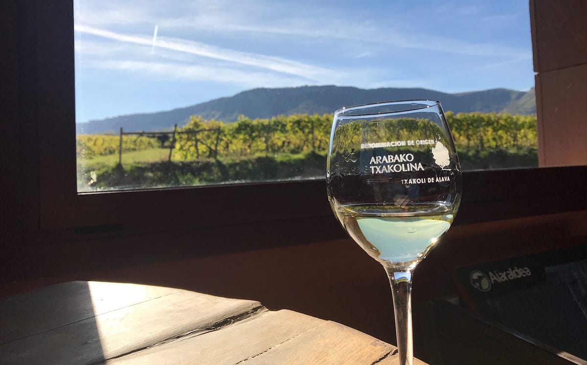 glass of white wine in front of a window overlooking a vineyard.