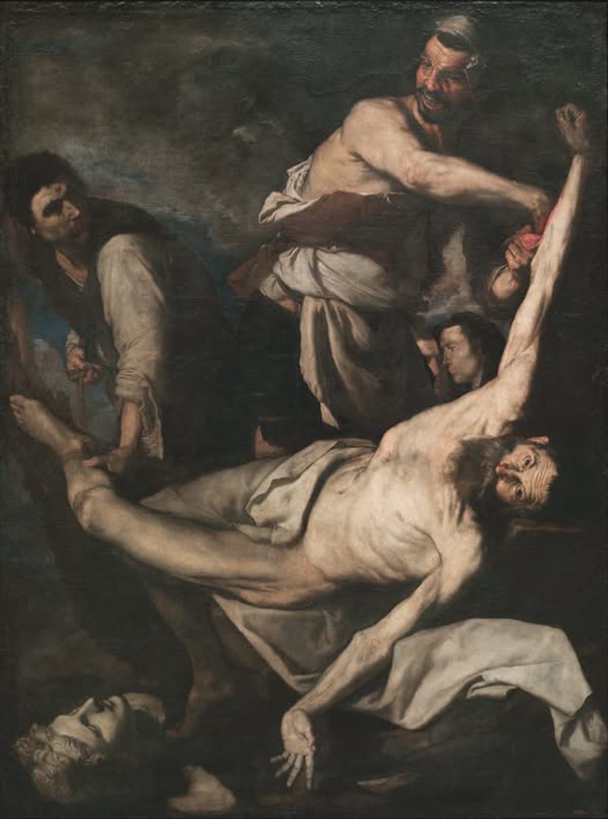 painting of a man being grabbed by the ankle and falling backward.
