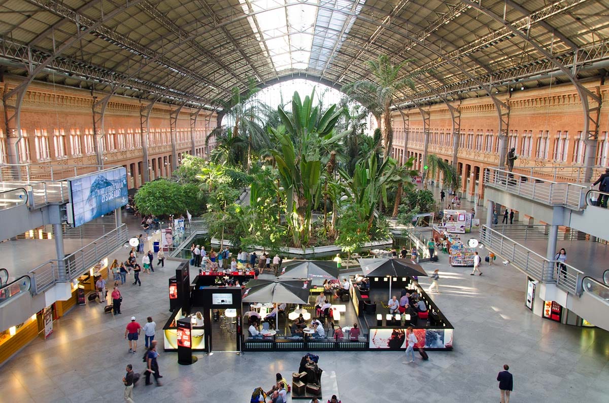 people walking through a large, high-ceilinged train station with palm trees growing in the center.