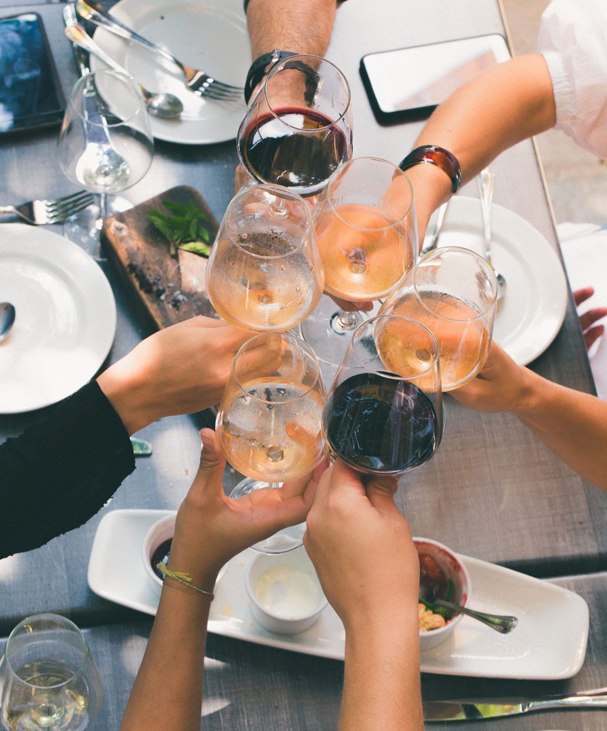 people toasting with wine glasses at an outdoor table.